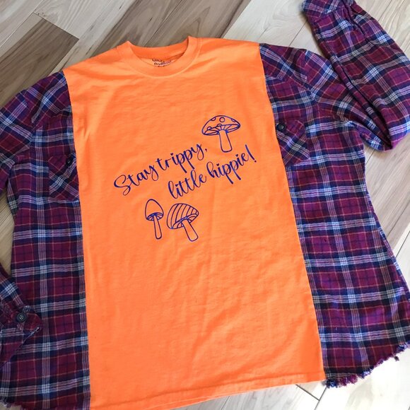 Reworked Flannel Tee, Plus Size: Upcycled Oversized Hippie Shirt, Mushrooms - Picture 4 of 11